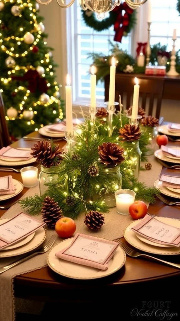 A festive Christmas table decorated with mason jars, pinecones, candles, and string lights.